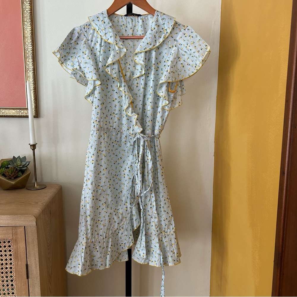 Tara Jarmon Ditsy Floral Stripe Wrap Dress Ruffle Mini Short Size 36 US 2-4